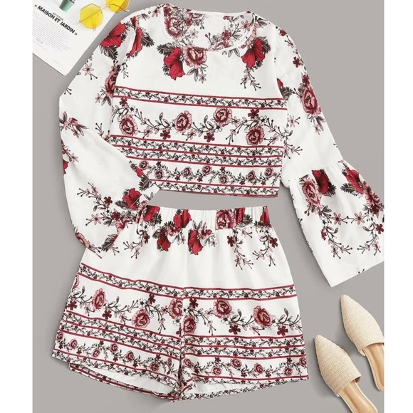 Pants - Plus Boho floral print crop top shorts set